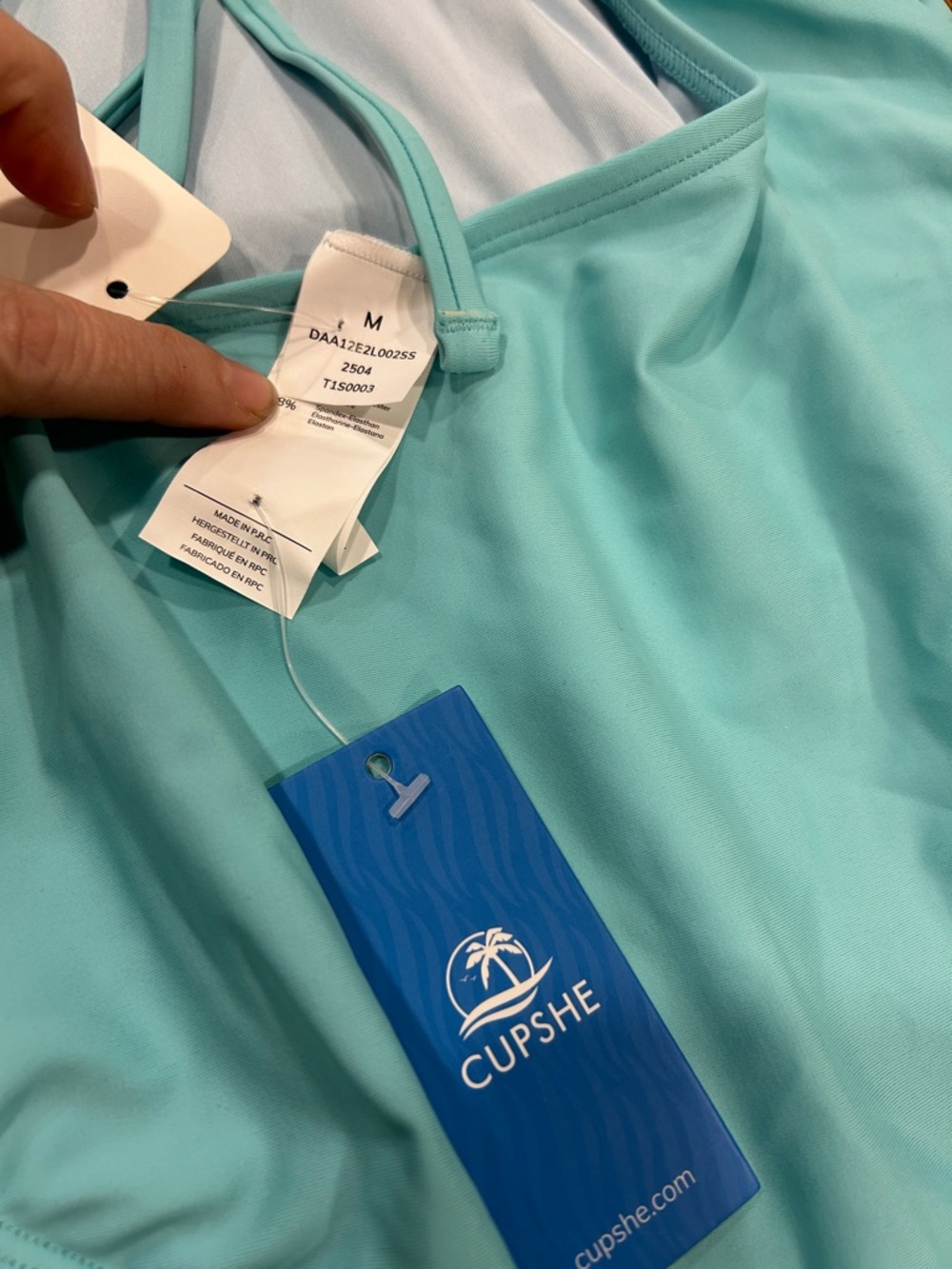 NWT Cupshe Padded Criss CrossTie Detail Aqua Ruffle One-Piece Swimsuit Womens M - Picture 2 of 4